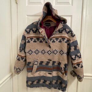 Vintage Hooded Karizma Aztec Wood Blend Blanket Coat Toggle Button size 12